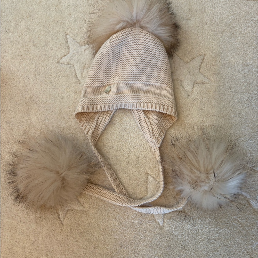 Charming Beige Knit Hat with Pom-Poms for Kids